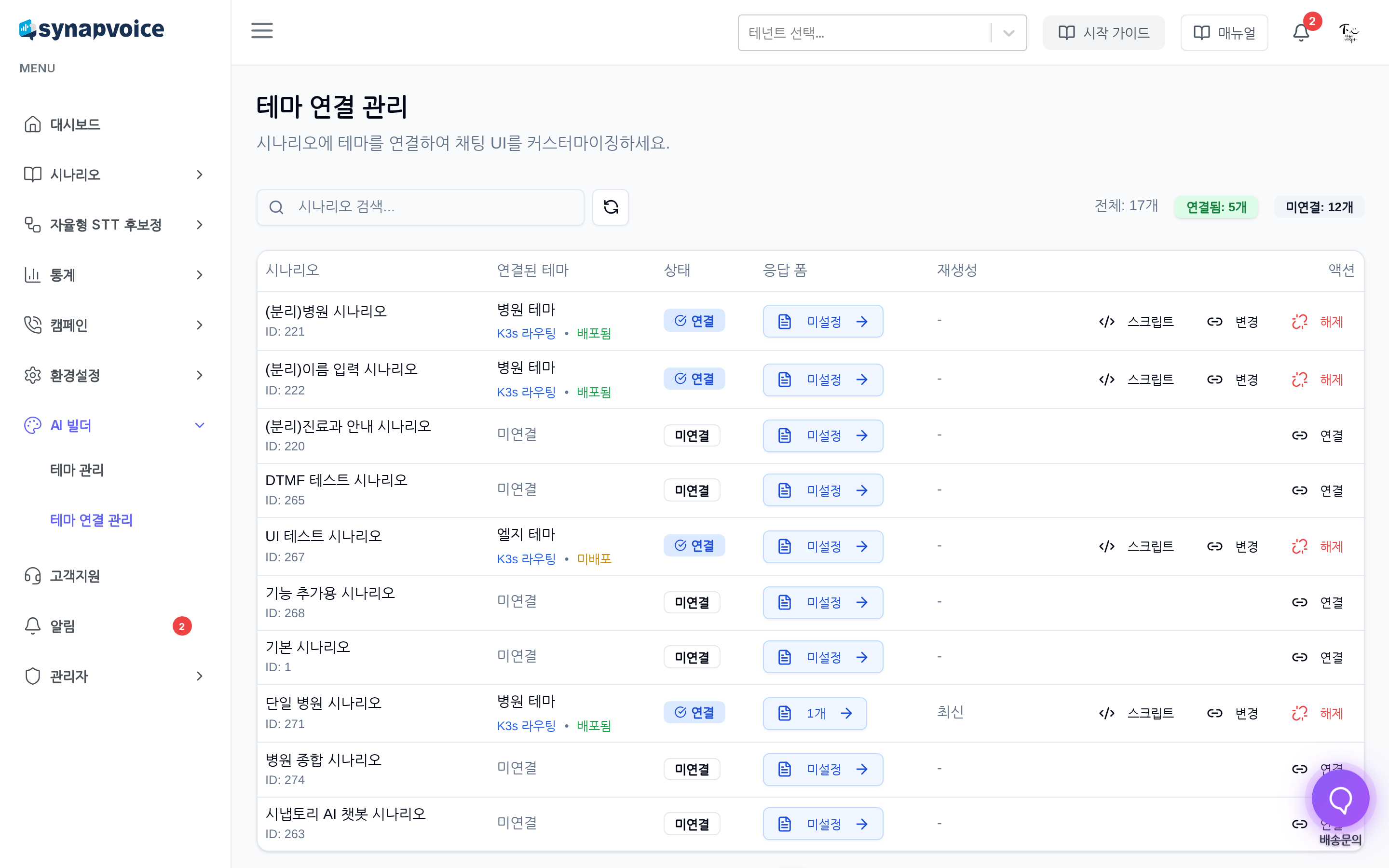 시나리오 목록 - 연결된 테마와 액션 버튼