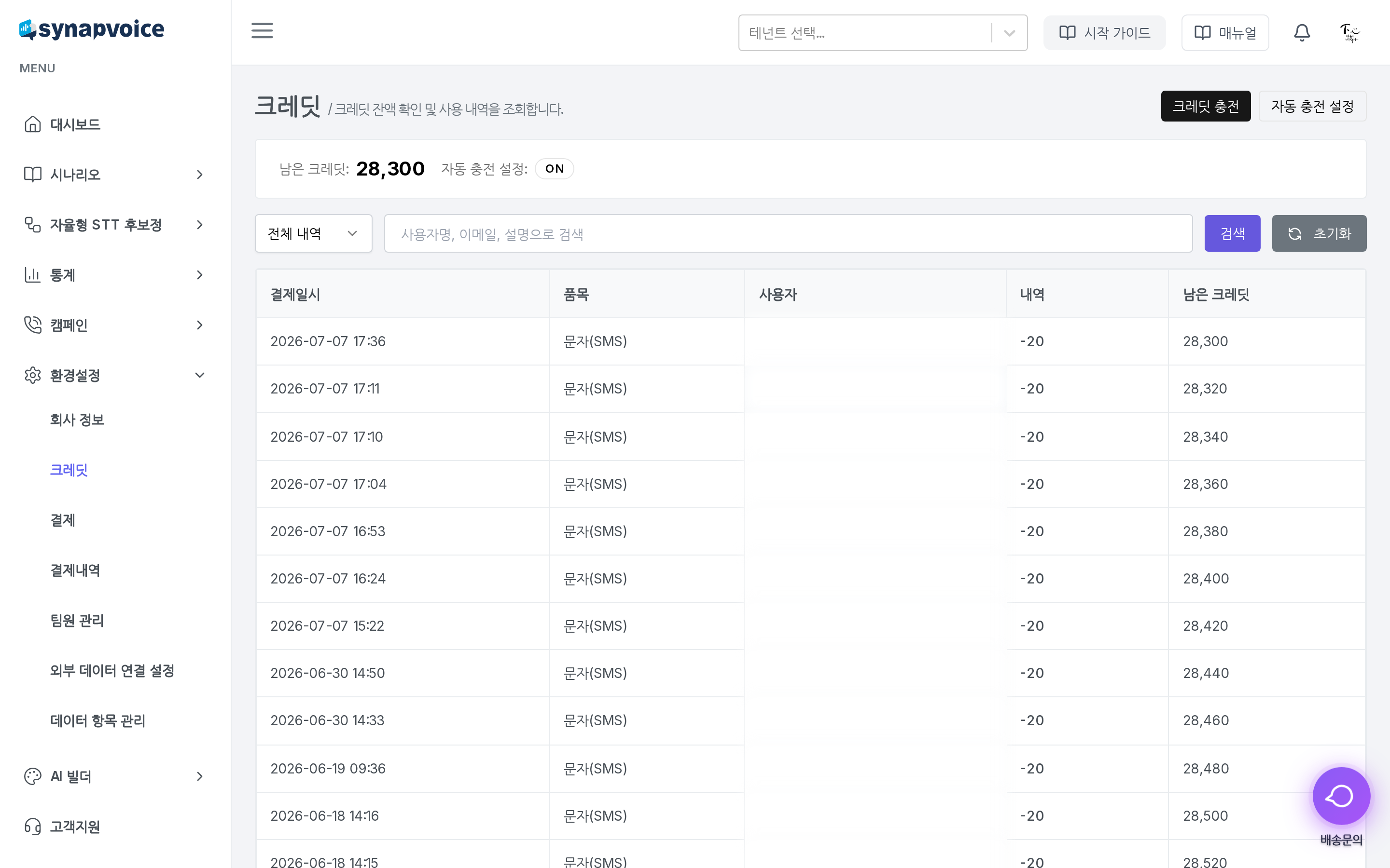 크레딧 사용 내역 표