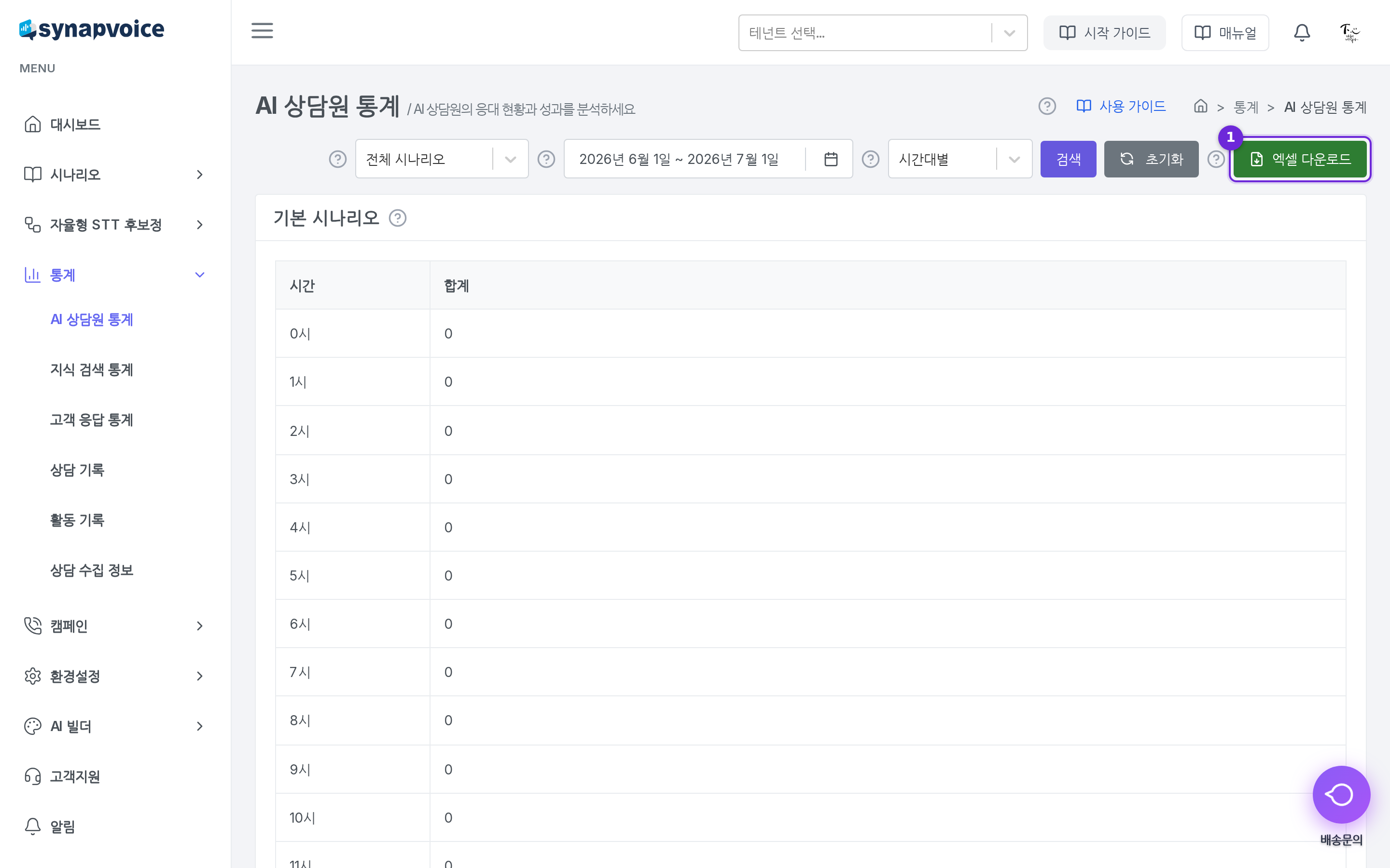 AI 상담원 통계 화면 - 조회 조건과 시간대별 응대 건수 표